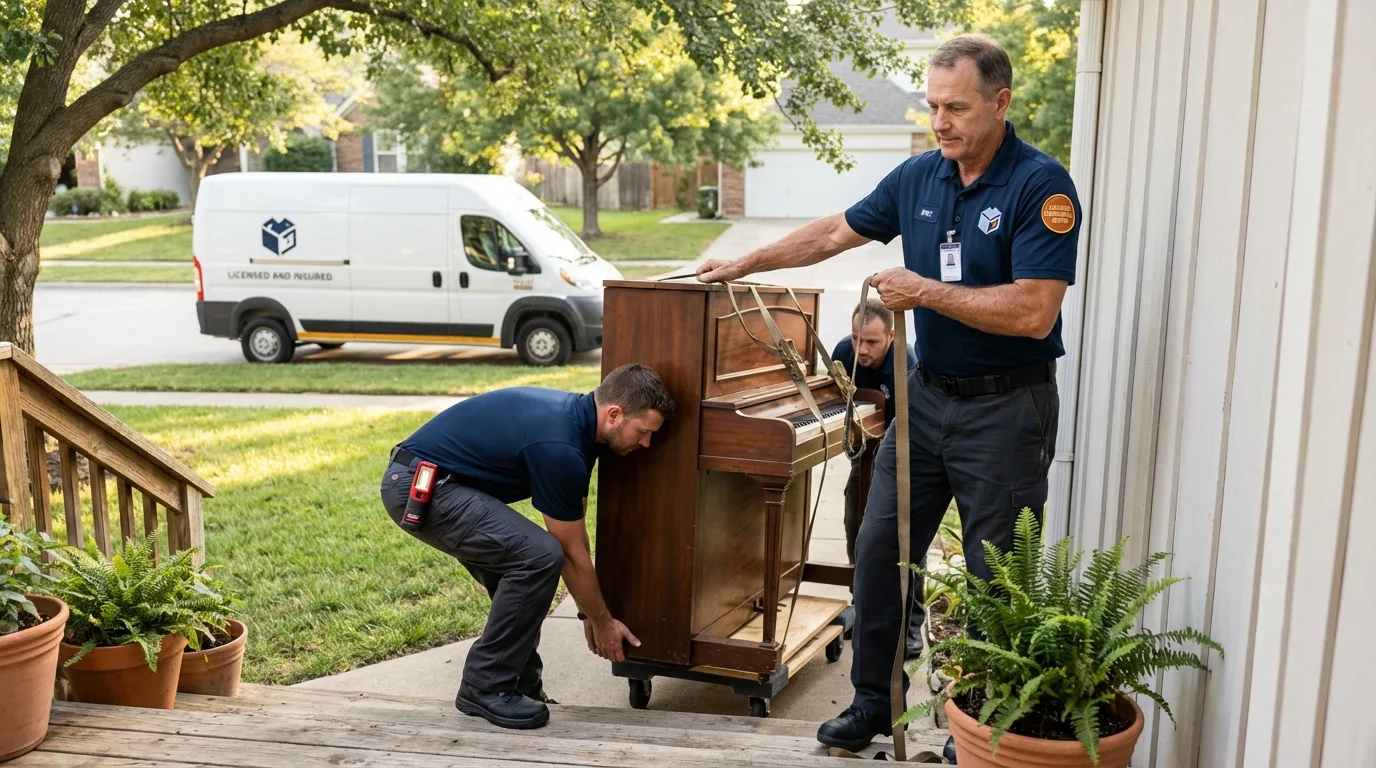 Licensed piano movers securing grand piano in Cape Coral, FL