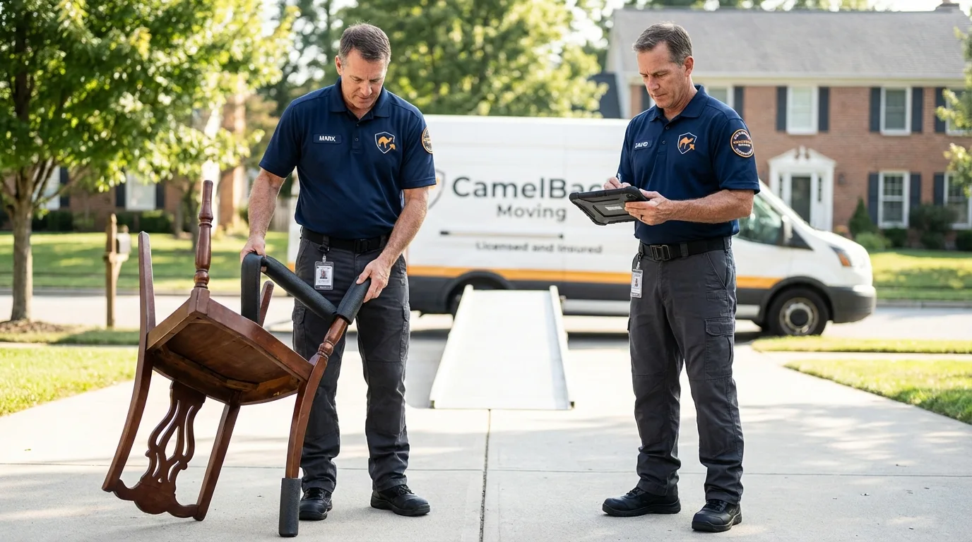 Movers inspecting furniture for damage prevention before loading in Cape Coral, FL